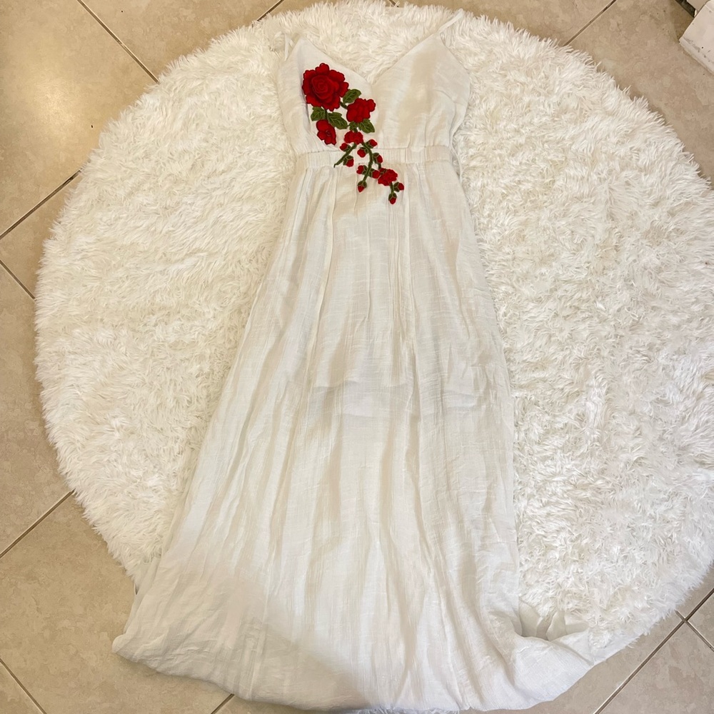 Boho Linen Maxi Tropical Dress with floral embroidery